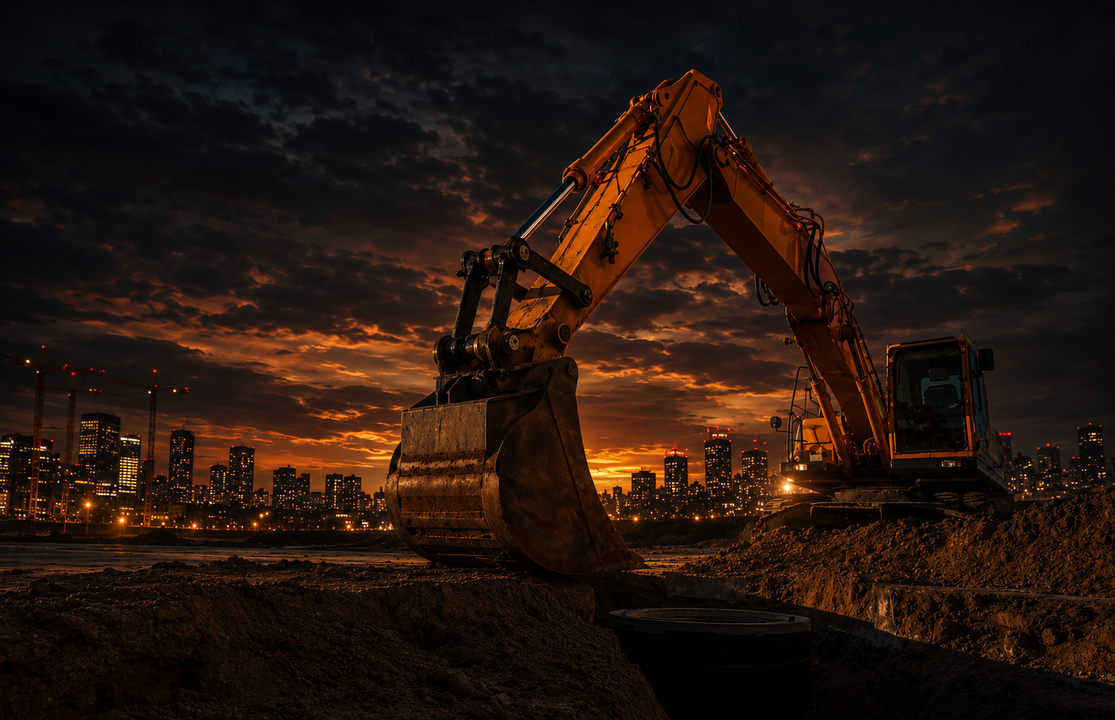 Excavator working at a construction site at night, city skyline in the background